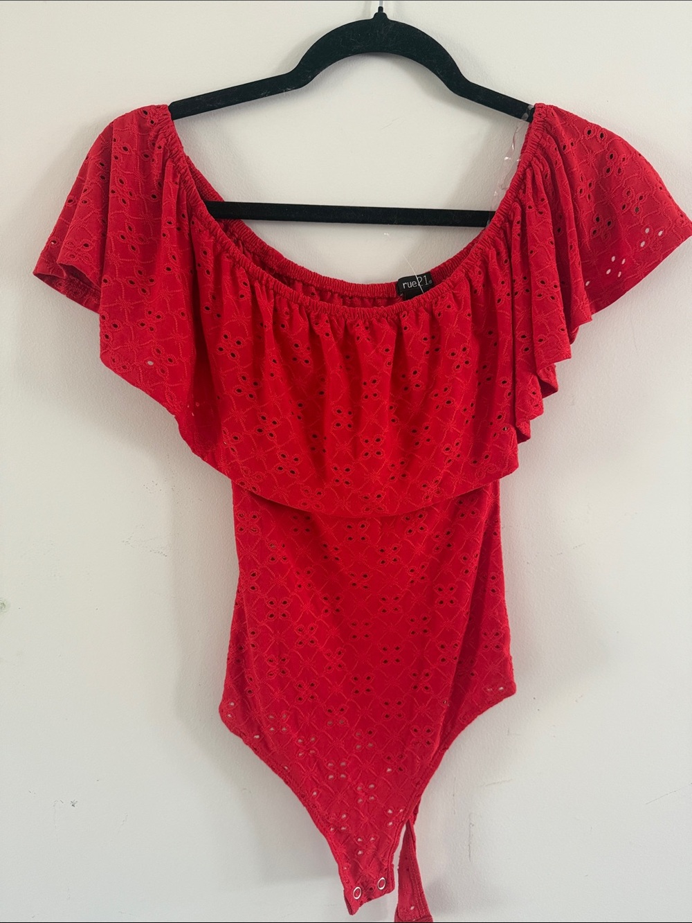 Rue21 Red Eyelet Off-Shoulder Bodysuit with Ruffle